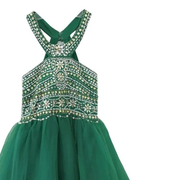 Formal Prom Dress Emerald Green Beaded Sequins Full Length Sleeveless Sz 4 - Picture 9 of 12